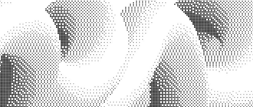 Pixelated gradient undulate shape. Black dither texture background. Dotted fluid curvy form for banner, poster, leaflet, brochure. Abstract rasterized squiggle overlay wallpaper. Comic backdrop vector