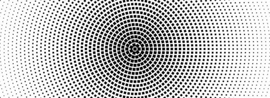 Halftone concentric dotted background. Square dots comic gradient texture. Radial fading gradation wallpaper. Black and white rough gritty overlay. Grunge circular pop art monochrome backdrop vector