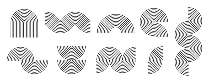 Black line boho style arch and wave set. Mid century linear curve shapes collection. Decorative outline arc elements for graphic design template, poster, banner, cover. Wavy and zigzag stripes vector