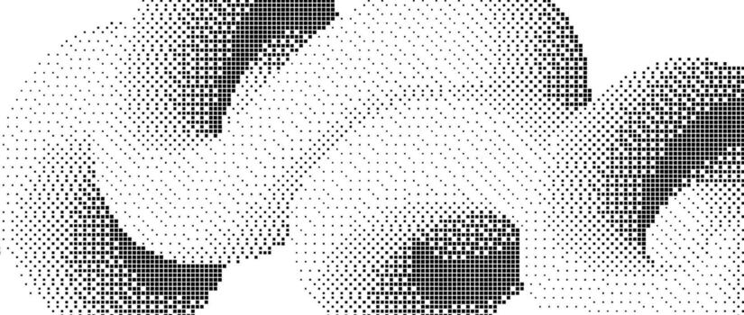 Black pixelated gradient undulate shape. Dotted dither texture background. Fluid curvy form for banner, poster, leaflet, brochure. Abstract rasterized squiggle overlay wallpaper. Comic backdrop vector