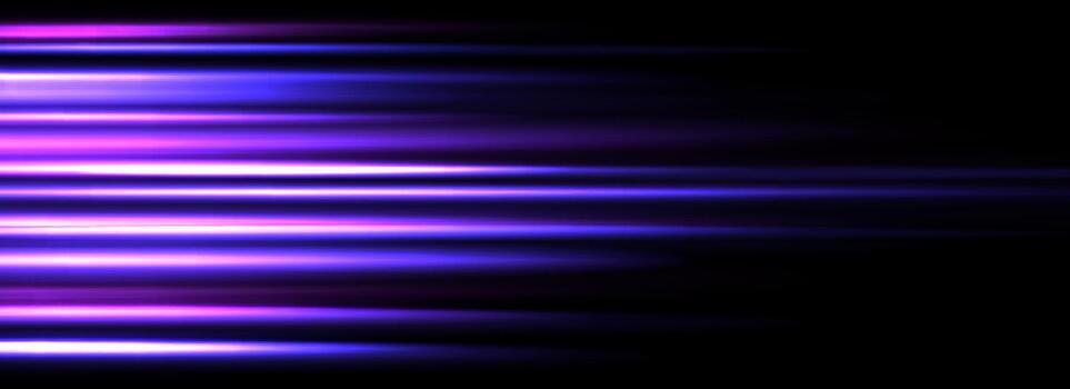 Neon glowing horizontal stripe background. Blue purple speed light effect. Magic trail flare lines texture. Luminous laser beams and rays wallpaper design. Futuristic neon streak backdrop vector