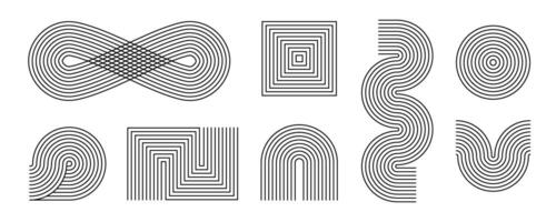 Black linear boho style arch and wave set. Mid century curve shapes collection. Decorative line arc elements for graphic design template, poster, banner, cover. Wavy zigzag and endless forms vector