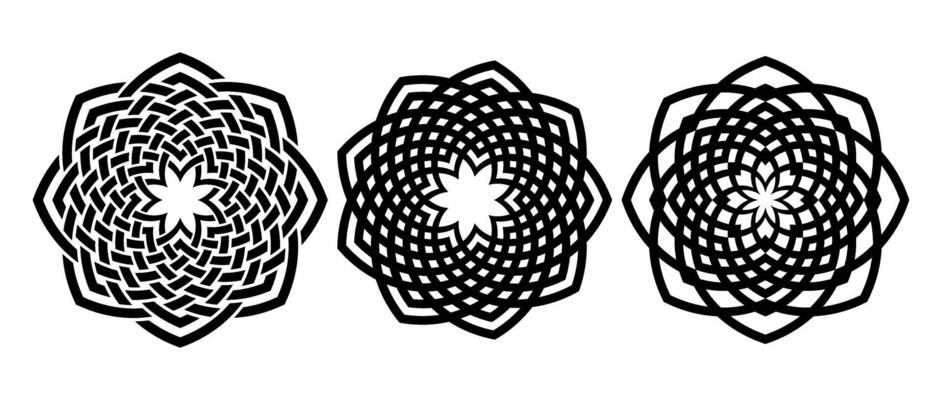 Retro knot circle frame set. Black celtic round border collection. Braid rope ornament motif pattern for banner, poster, frame. Circular radial weaved flower design elements bundle.
