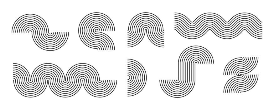 Black line boho style arch and wave set. Mid century linear curve shapes collection. Decorative outline arc elements for graphic design template, poster, banner, cover. Wavy zigzag stripes vector