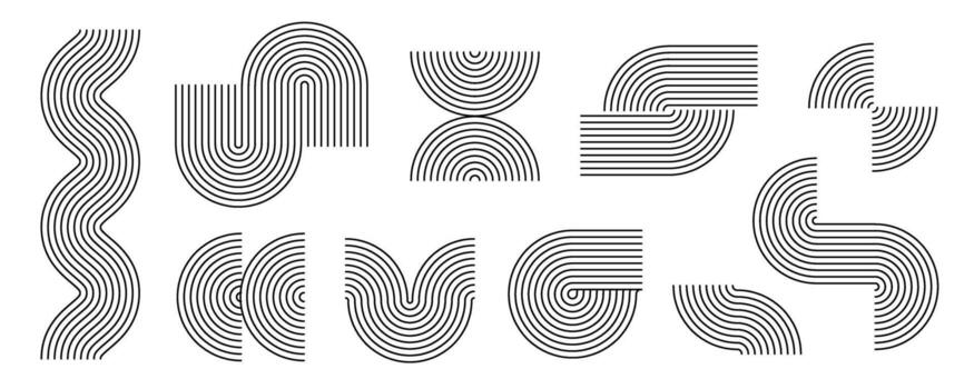Black linear boho style arch and wave set. Mid century line curve shapes collection. Decorative outline arc elements for graphic design template, poster, banner, cover. Wavy zigzag forms vector