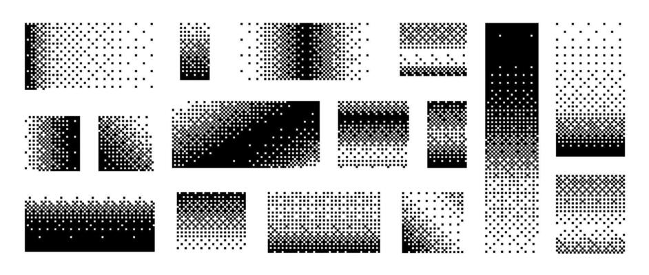 Bitmap gradient border set. Black dotted halftone collection. Pixelated rectangle and square decoration element for banner, poster, advertisement, card, cover. Geometric shapes