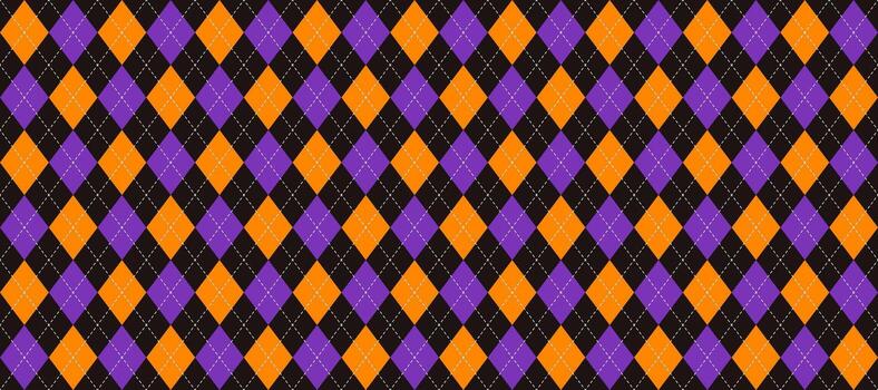 Orange, purple and black seamless argyle pattern. Halloween rhombus repeated texture background. Stitched diamond forms for textile design, fabric print, wrapping paper, clothes. vector