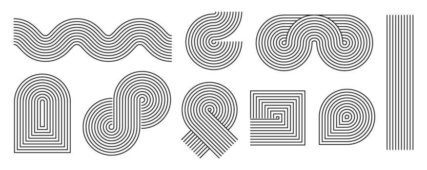 Black linear boho style waves and shapes set. Mid century curves and arch collection. Decorative line arc elements for graphic design template, poster, banner, cover. Wavy zigzag forms vector
