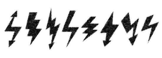 Halftone grunge lightning bolt set. Dotted thunder bolt symbol collection. Rough pixel flash thunderbolt element pack for poster, banner, graphic design. Textured grain arrow sign bundle. vector