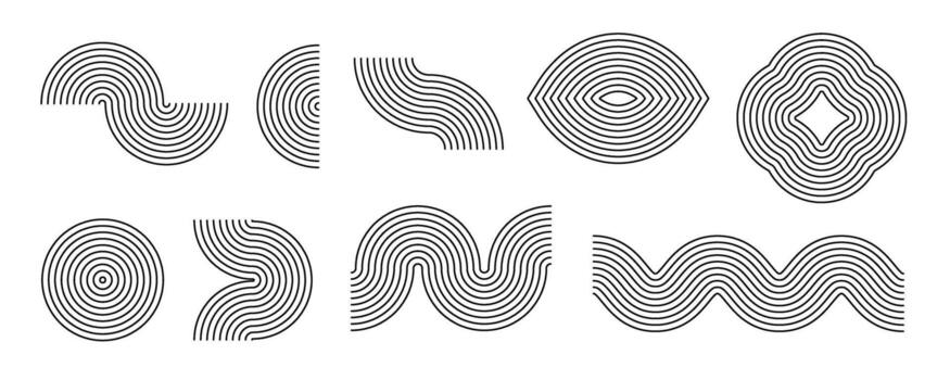 Black linear boho style arch and wave set. Mid century line curve shapes collection. Decorative outline arc elements for graphic design template, poster, banner, cover. Wavy zigzag stripes vector
