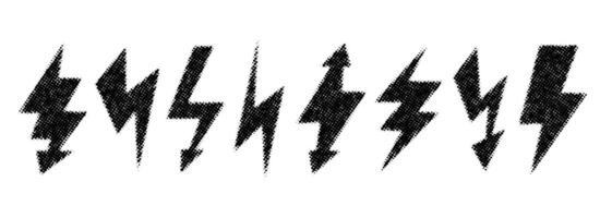 Halftone grunge lightning bolts set. Dotted thunder bolt symbol collection. Rough flash thunderbolt elements pack for poster, banner, graphic design, card. Textured strike arrow signs bundle. vector