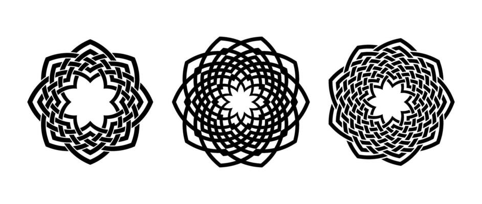 Retro knot circle frame set. Black celtic round border collection. Braid and rope ornament motif pattern for banner, poster, frame. Circular radial weaved design elements bundle.