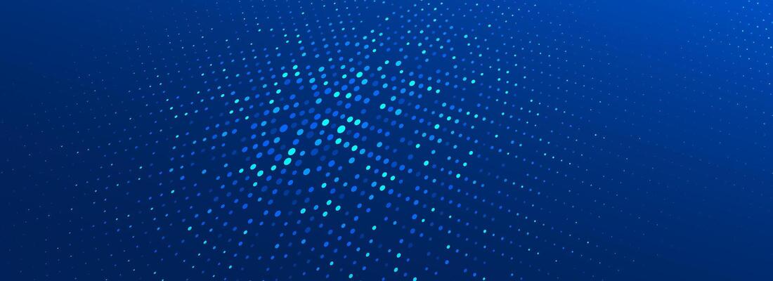 Glowing blue dotted texture. Abstract curved round dot grid wallpaper. Circle halftone pattern background. Dark navy backdrop for technology, business, science, healthcare, medicine design