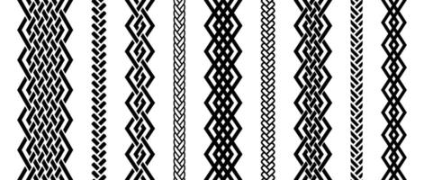 Seamless retro knot border set. Black repeating celtic divider or separator collection. Braid rope ornament motif pattern for banner, poster, frame. weaving design element bundle. vector