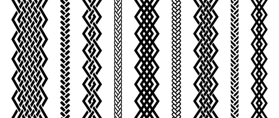 Seamless retro knot border set. Black repeating celtic divider or separator collection. Braid rope ornament motif pattern for banner, poster, frame. weaving design element bundle.