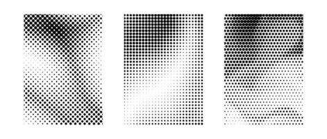 Grunge halftone gradient set. Black grit sand noise texture collection. Retro dotted pixel backdrop pack. Cartoon polka dot overlay background with raster effect for banner, poster, flyer vector