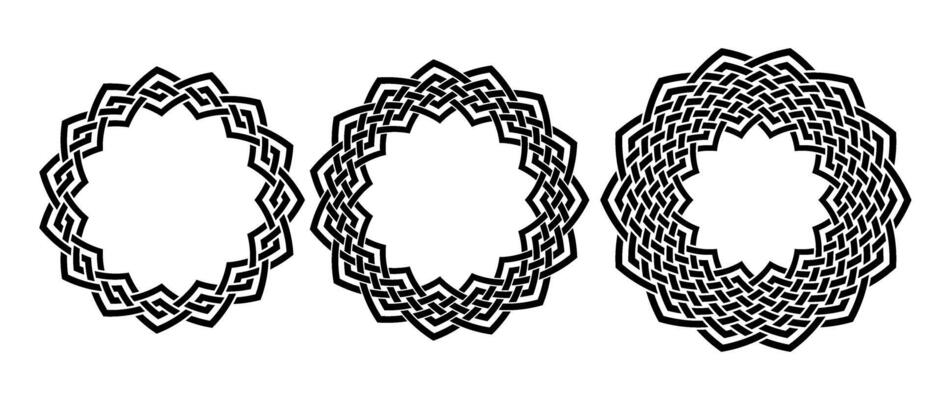 Retro knot circle frame set. Black celtic round border collection. Braid and rope ornament and motif pattern for banner, poster, frame. Circular design elements bundle.