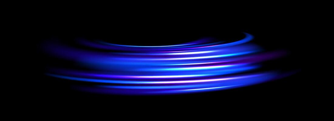 Glowing neon light trail background. Bright blue spinning speed lines. Magic luminous curved swirl concept. Abstract spiral dynamic rotating stripes. Bright streaks for poster, banner, flyer