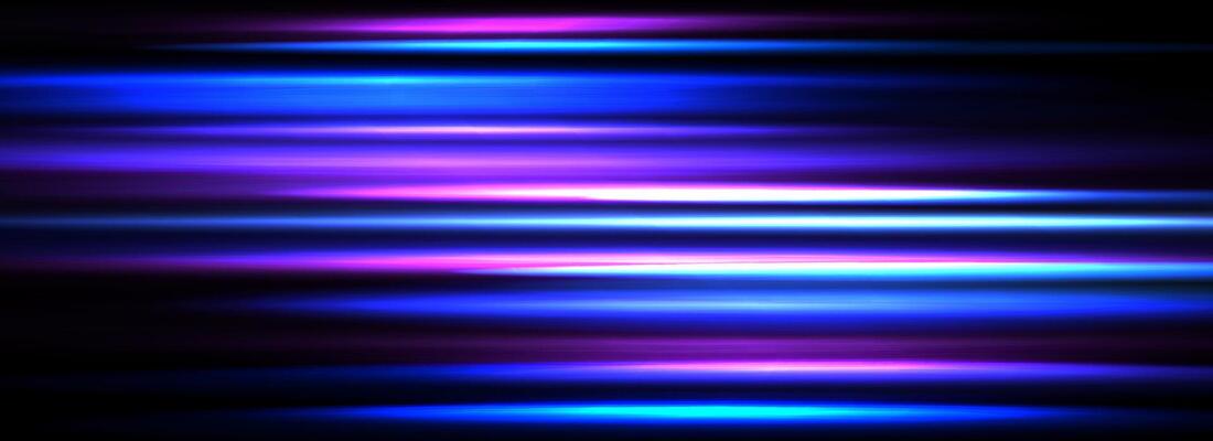 Neon glowing horizontal stripe background. Bright blue purple speed light effect. Magic trail flare line texture. Luminous laser beams or rays wallpaper design. Futuristic neon streak backdrop.