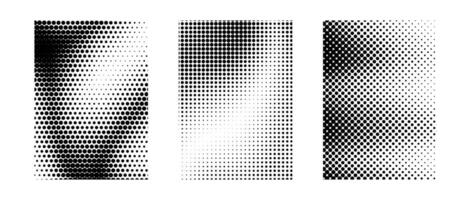 Grunge halftone gradient background set. Black grit sand noise texture collection. Retro dotted pixel backdrop pack. Cartoon polka dot overlay with raster effect for banner, poster, flyer vector
