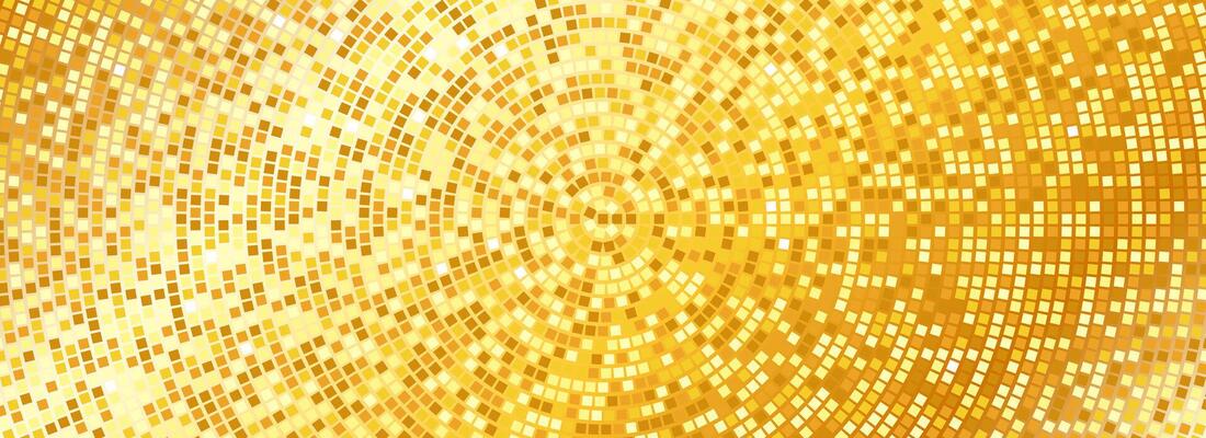 Radial gold disco party pattern. Golden square sequin mosaic texture background. Abstract yellow shining glitter halftone wallpaper. Pop up comic sparkling glitter and strass backdrop.