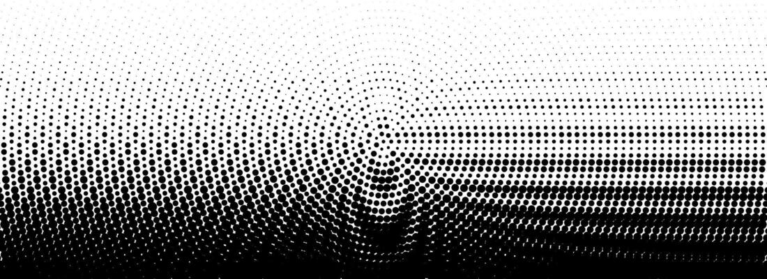 Dotted halftone gradient texture. Fading wave polka dot background. Dot curved circular pattern wallpaper. Black and white comic pop art overlay backdrop. Halftone raster moire effect.