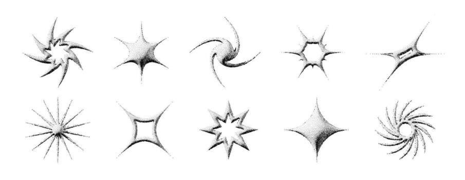 Black stippled stars collection. 3d dotted textured sparkles and flares set. Halftone grain noise twinkle shape bundle. Dot work grunge asterisks and stars elements for poster, banner, flyer vector