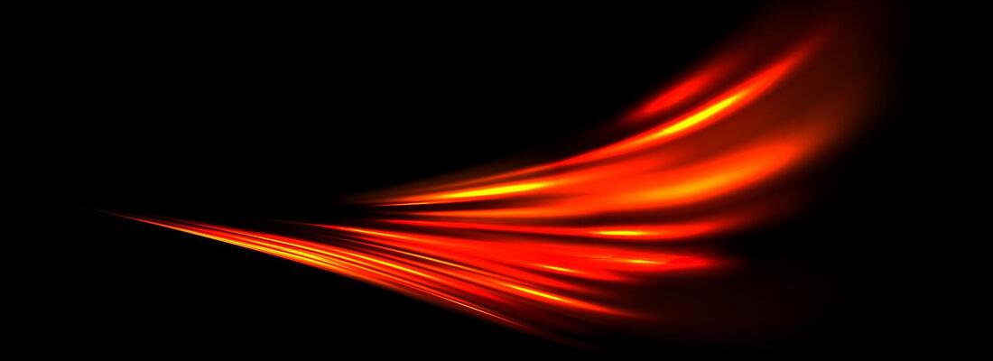 Glowing neon light trail element. Bright red orange speed line wave. Hot luminous curved swirl concept. Abstract bent dynamic motion stripes. Shiny fiery streaks for poster, banner, flyer