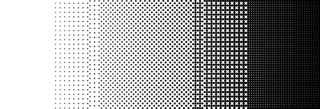 Pixelated bitmap gradient texture. Black and white dither pattern background. 8 bit game screen wallpaper. Retro glitchy pixel art illustration. Abstract wide horizontal dithering border vector