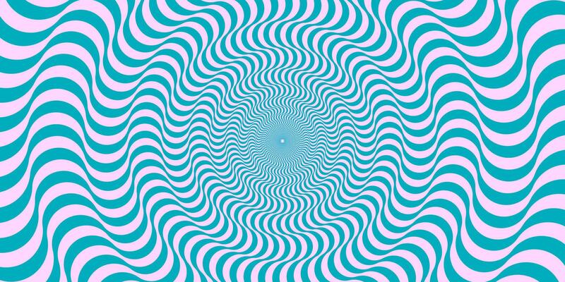 Optical illusion background. Blue and pink abstract distorted wavy lines surface. Radial waves poster design. Trippy sunburst illusion wallpaper. Spinning hypnotic illustration