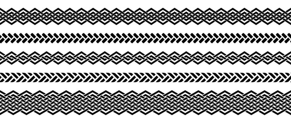 Seamless retro knot border set. Black repeating celtic divider or separator collection. Braid rope ornament motif pattern for banner, poster, frame. weaved design elements bundle.