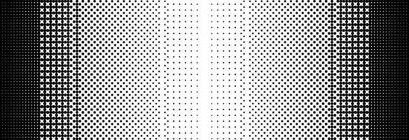 Pixelated bitmap gradient texture. Black and white dither pattern background. 8 bit game screen wallpaper. Retro glitchy pixel art illustration. Abstract wide dithering border vector