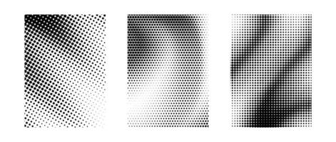 Grunge halftone gradient background set. Black grit sand noise texture collection. Retro dotted pixel backdrop pack. Comic polka dot overlay with raster effect for banner, poster, print, flyer. vector