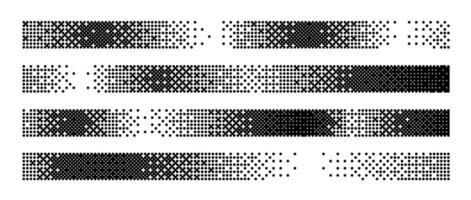 Bitmap gradient border set. Black dotted halftone separator or divider collection. Pixelated rectangle decoration element for banner, poster, advertisement, card, cover. Horizontal stripes vector