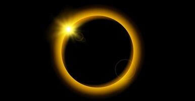Yellow planet eclipse concept. Solar light glare effect. Abstract glowing sun crown in dark space. Earth halo with blazing edge. Illustration design for poster, banner, cover, brochure, booklet vector