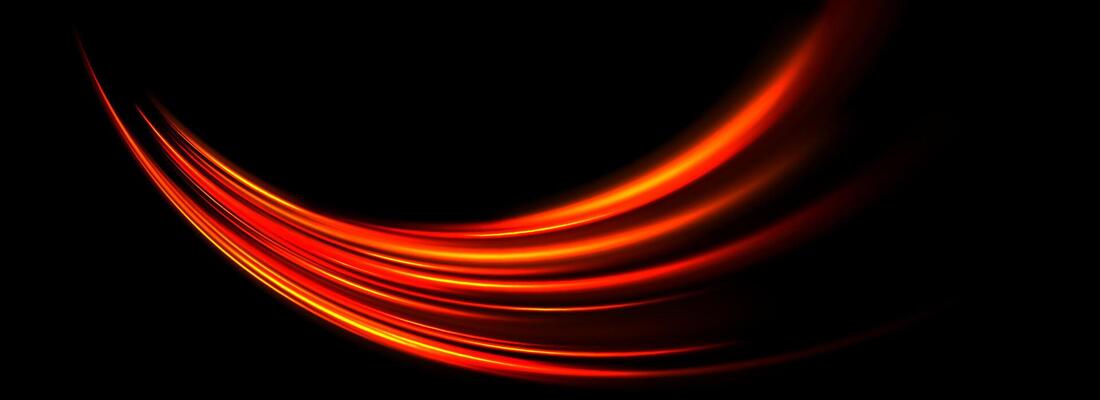 Glowing neon light trail element. Bright red orange speed line wave. Hot luminous curved path concept. Abstract bent dynamic motion stripes. Shiny fire streaks for poster, banner, flyer