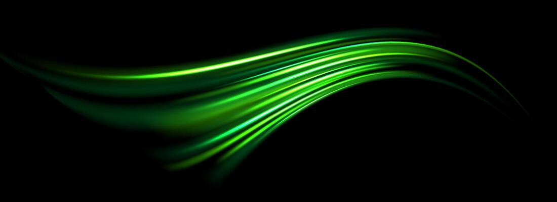 Glowing neon light trail element. Bright green speed line wave. Magic luminous curved path concept. Abstract bent dynamic motion stripes. Shiny flowing streaks for poster, banner, flyer.