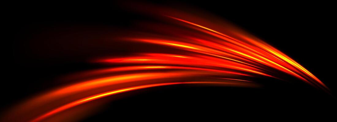 Glowing neon light trail element. Bright red orange speed line wave. Hot luminous curved swirl concept. Abstract bent dynamic motion stripes. Shiny fire streaks for poster, banner, flyer