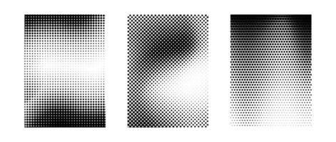 Grunge halftone gradient background set. White and black grit sand noise texture collection. Retro dotted pixelated raster backdrop pack. Comic polka dot overlay for banner, poster, prin vector