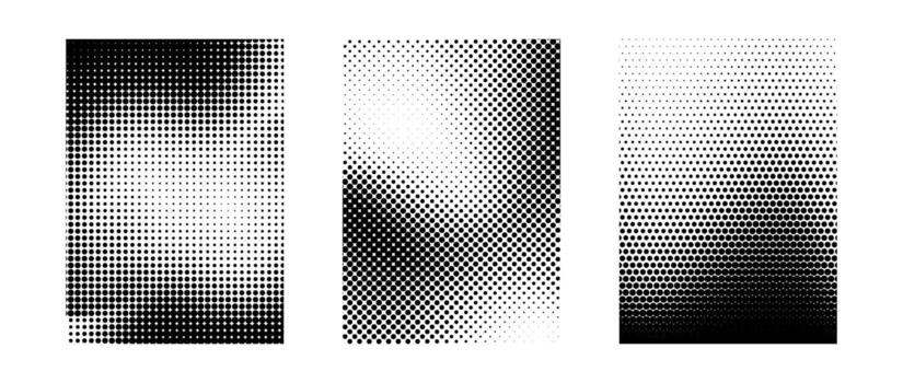Set of grunge halftone gradient background. White and black grit sand noise texture collection. Retro dotted pixelated raster backdrop pack. Cartoon polka dot overlay for banner, poster, print vector