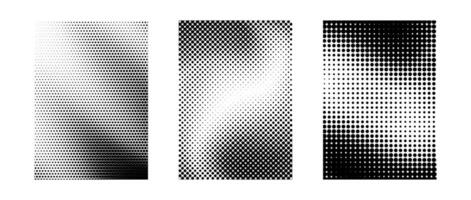 Grunge halftone gradient background set. Different black grit sand noise texture collection. Retro dotted pixelated raster backdrop pack. Comic polka dot overlay for banner, poster, print. vector