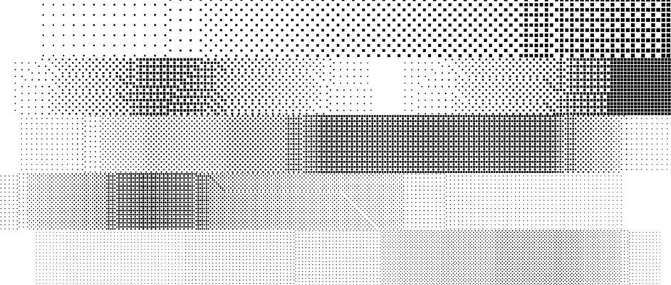 Bitmap pixelated striped pattern. Glitch noise stripe texture. Black and white halftone grunge overlay. Dotted gradient wallpaper for banner, poster, flyer, print, brochure. Dither background