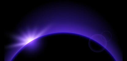 Purple planet eclipse concept. Solar light glare effect. Glowing sunrise horizon in dark space. Earth halo with shining edge. Illustration design for poster, banner, cover, brochure, booklet vector