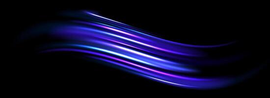 Glowing neon light trail background. Iridescent blue swoosh speed lines. Magic luminous curved swirl wallpaper. Abstract dynamic motion stripes. Bright streaks for poster, banner, flyer vector