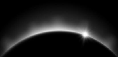White planet eclipse concept. Solar light silver glare effect. Glowing sunrise horizon in dark space. Shining edge earth halo. Illustration design for poster, banner, cover, brochure, booklet vector