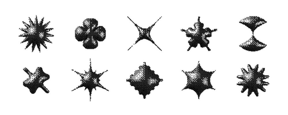 Black pixelated 3d Y2K shape set. Bitmap stars, flowers, sparkles element collection. Retro 8 bit sticker form bundle for poster, banner, collage, graphic design. Dither geometric object pack
