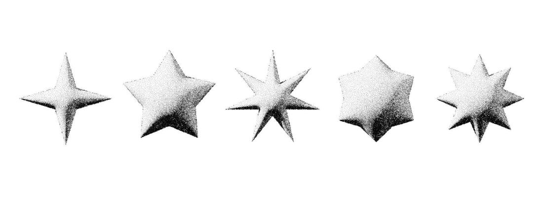 Black stippled star set. 3d dotted textured flares and sparkles collection. Halftone grainy noise starburst shape bundle. Dotwork grunge asterisk elements.