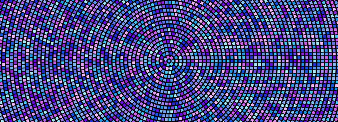 Radial disco party pattern. Blue and pink square sequin mosaic texture background. Abstract purple shining glitter halftone wallpaper. Pop up comic sparkling glitter and strass backdrop