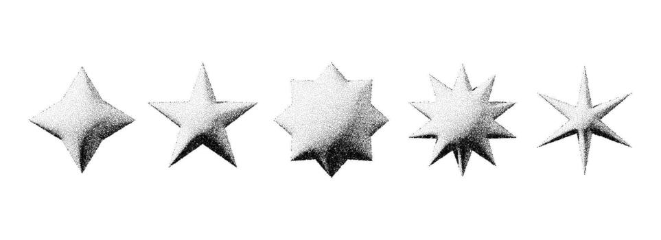 Black stippled star set. 3d dotted textured flares and sparkles collection. Halftone grainy noise starburst shape bundle. Dotwork grunge asterisk and stars elements. vector