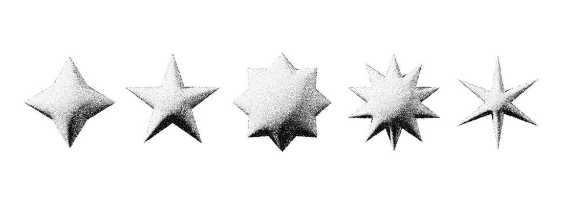 Black stippled star set. 3d dotted textured flares and sparkles collection. Halftone grainy noise starburst shape bundle. Dotwork grunge asterisk and stars elements.